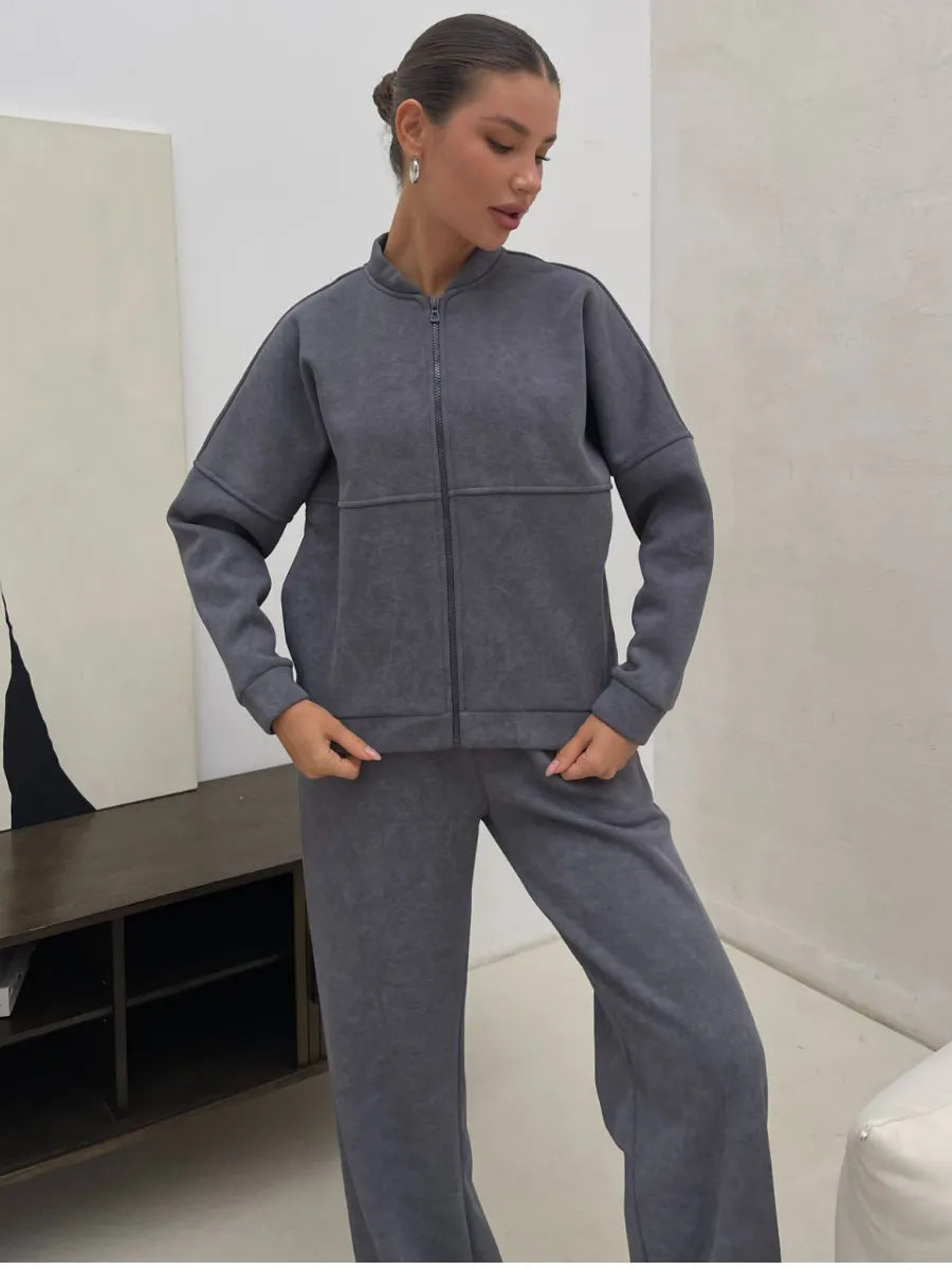 Damen lässiges Zip-Lounge-Set mit Stehkragen und weitem Highwaist-Joggpant Shop Nory
