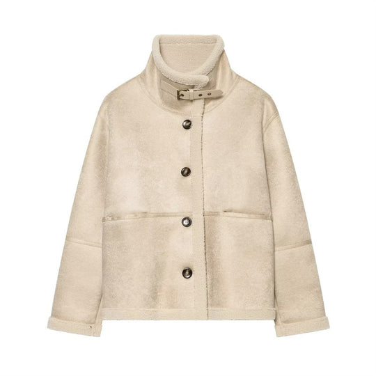 Damen Kurzjacke in Lammfelloptik mit Stehkragen, Knopf- und Schnallenverschluss Shop Nory