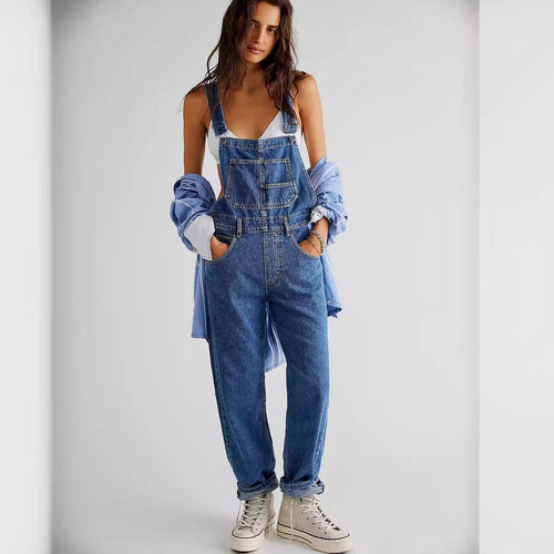 Damen lässige Denim-Latzhose mit praktischen Taschen und verstellbarem Bund Shopnory