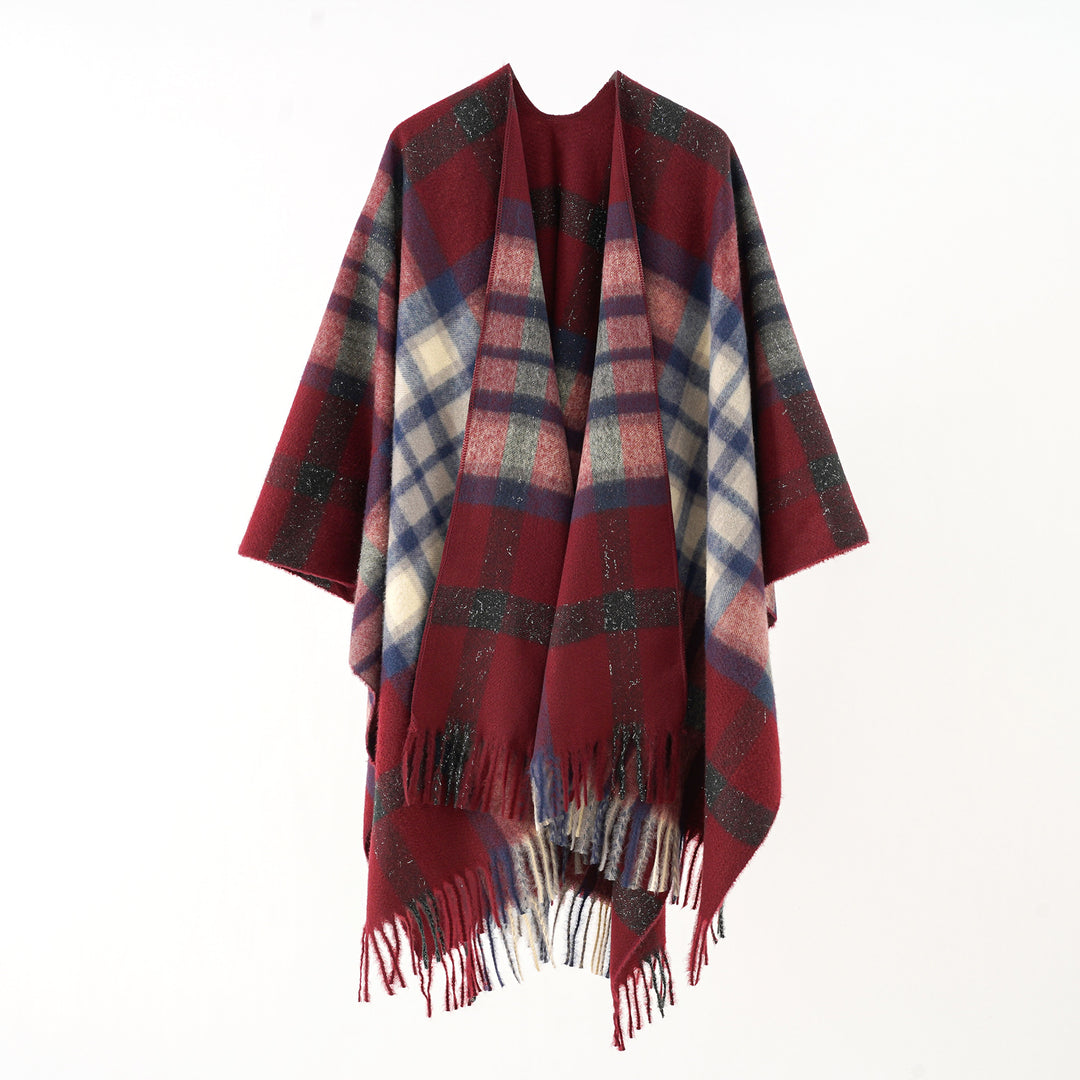 Damen Oversize karierter Wollponcho mit Fransen Shop Nory