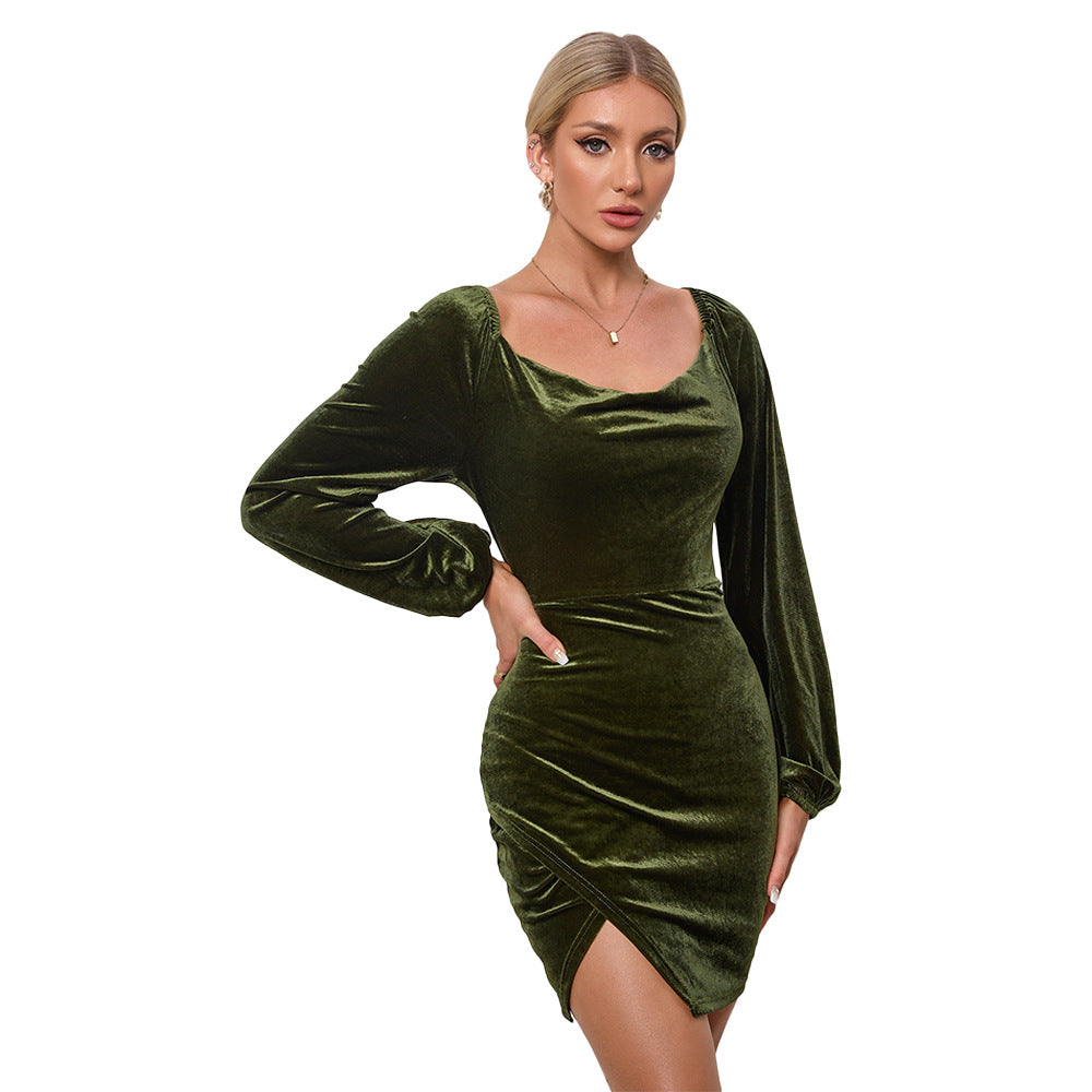 Damen Samtiges Wickel-Minikleid mit Wasserfall-Cowl, Ballonärmeln und asymmetrischer Raffung Shop Nory