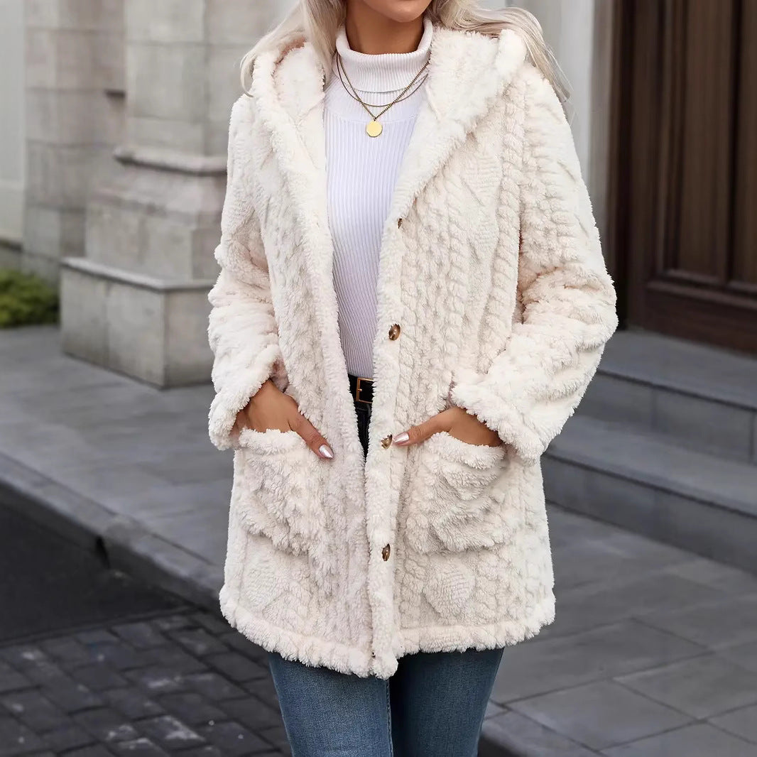 Damen angenehme und weiche Plüschjacke mit Kapuze und Taschen