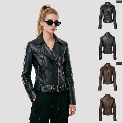 Damen Kurz geschnittene taillierte Leder-Bikerjacke mit Taillengürtel und asymmetrischem Reißverschluss Shop Nory