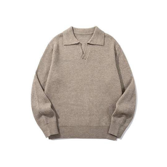 Herren Grobgestrickter Polokragen-Pullover mit V‑Ausschnitt und Rippenbündchen Shop Nory