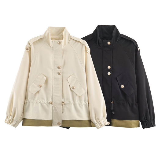 Damen leichte Utility-Jacke mit Tunnelzug-Taillenraffung, Stehkragen und Pattentaschen Shop Nory