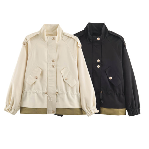 Damen leichte Utility-Jacke mit Tunnelzug-Taillenraffung, Stehkragen und Pattentaschen Shop Nory