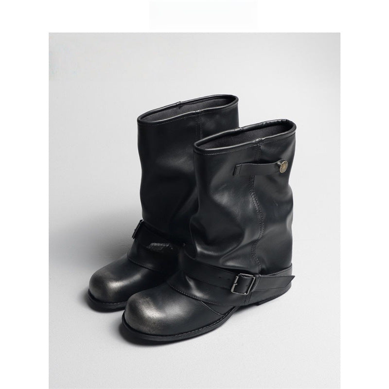 Damen Slouchy Bikerstiefel aus Lederoptik mit verstellbarem Schnallenriemen und mittlerem Blockabsatz Shop Nory