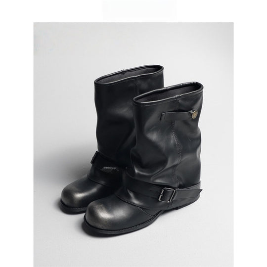 Damen Slouchy Bikerstiefel aus Lederoptik mit verstellbarem Schnallenriemen und mittlerem Blockabsatz Shop Nory