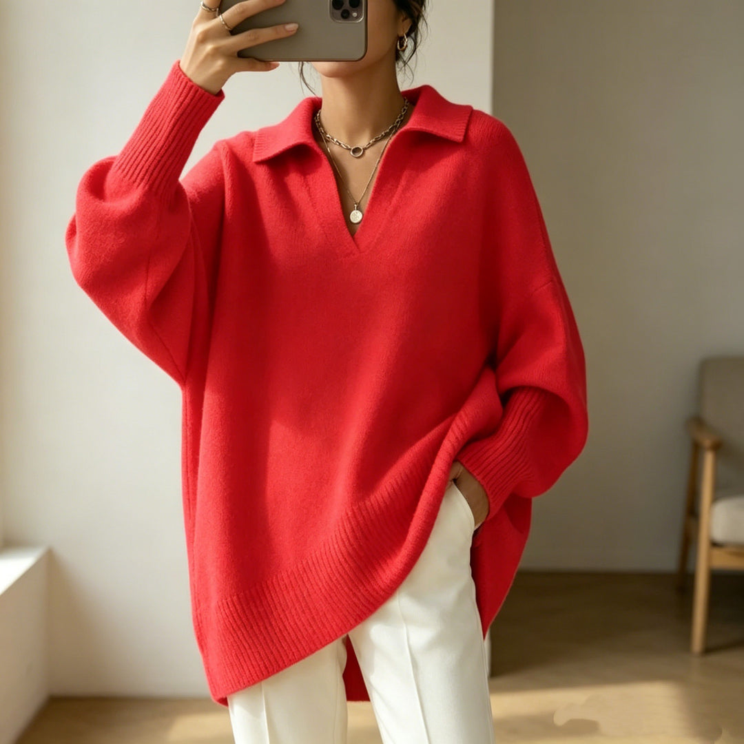 Damen Oversize-Polokragen V-Ausschnitt Strickpullover mit Ballonärmeln Shop Nory