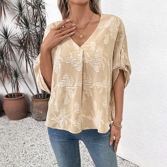 Damen leichte Oversize V-Neck Bluse mit strukturiertem Jacquardmuster und krempelbaren Ärmeln Shop Nory