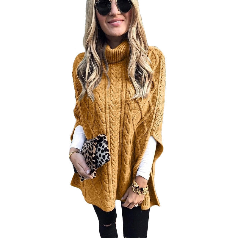 Damen nan kastiger Strickponcho mit hohem Rollkragen, Zopfstruktur und seitlichen Schlitzen Shop Nory
