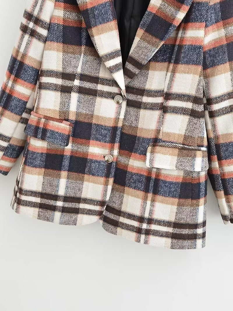 Damen Karierter Wollmix-Einreiher Blazer mit Reverskragen und Pattentaschen Shop Nory
