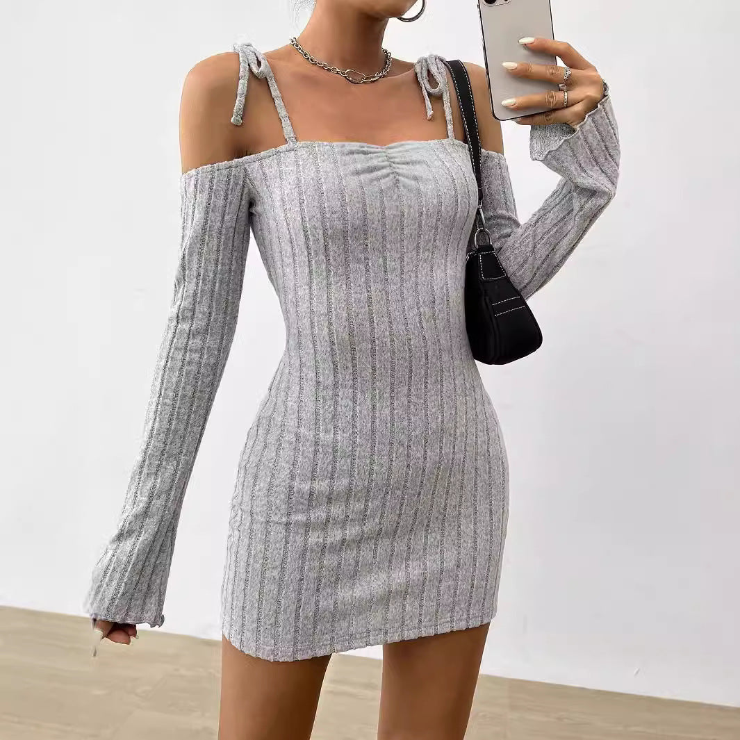 Damen geripptes One-Shoulder-Strickminikleid mit Bindeträgern taillierter Bodycon-Passform Shop Nory