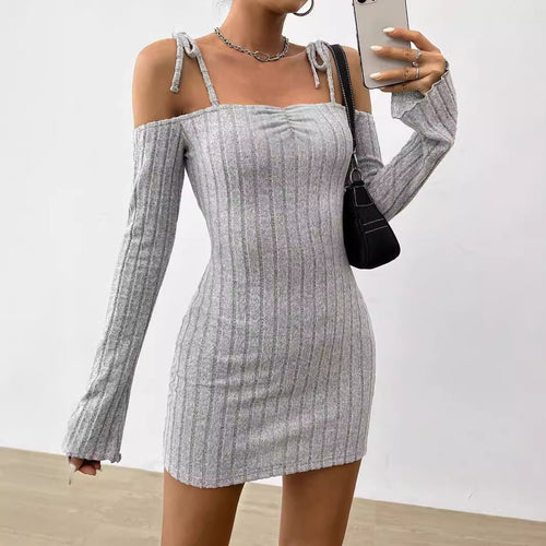 Damen geripptes One-Shoulder-Strickminikleid mit Bindeträgern taillierter Bodycon-Passform Shop Nory