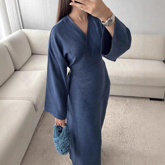 Damen Wickelmaxikleid in Leinenoptik mit Kimonoärmeln und Taillenbund Shop Nory