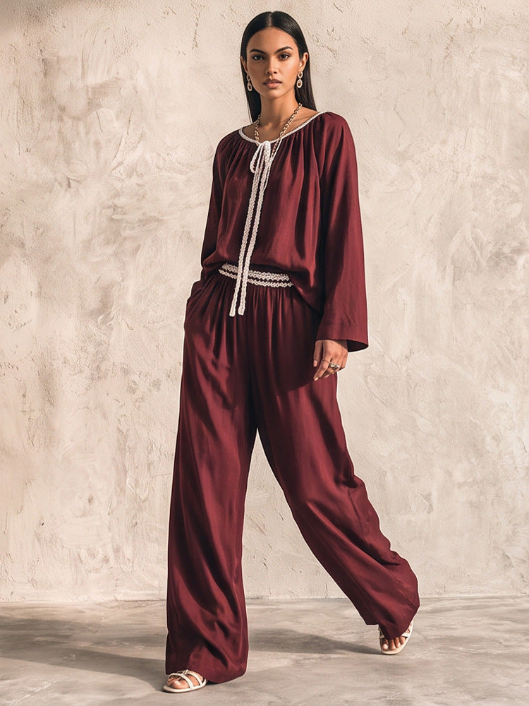 Damen Fließendes zweiteiliges Loungewear-Set aus Seidenoptik mit weiter Palazzohose und geraffter Tunika Shop Nory