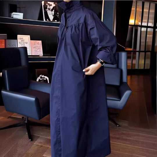 Damen Langes Boxy-Hemdblusenkleid mit hohem Stehkragen und verdeckter Knopfleiste Shop Nory