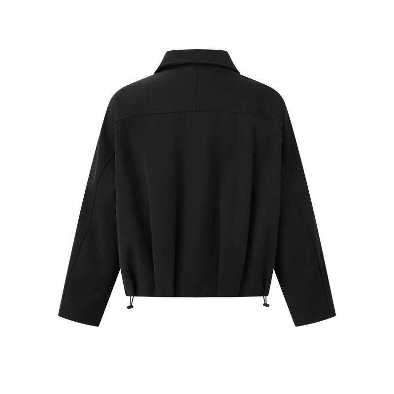 Unisex Kurz geschnittene kastige Zip‑Blousonjacke mit Hemdkragen, Kordelzugsaum und Druckknopf‑Taschen Shop Nory