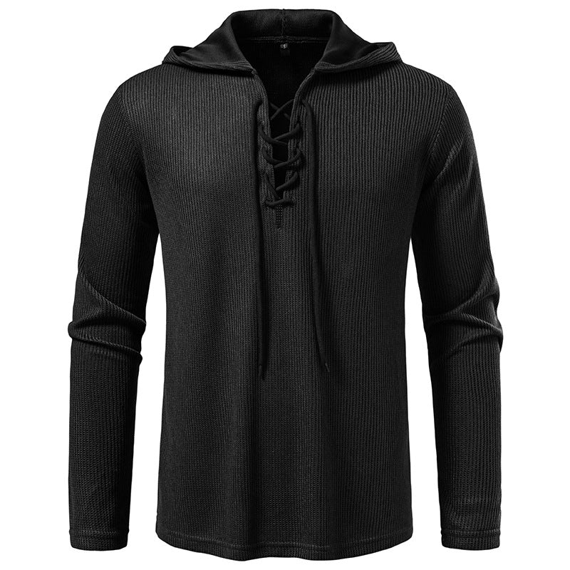 Herren Waffelstrick-Kapuzenpullover mit Schnürkragen und geradem Saum Shop Nory