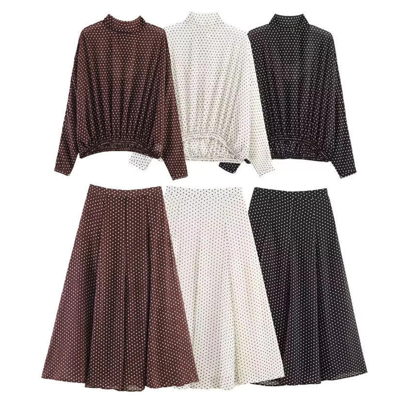 Damen Zweiteiliges Pünktchen-Set mit Stehkragenbluse und ausgestelltem Midirock Shop Nory