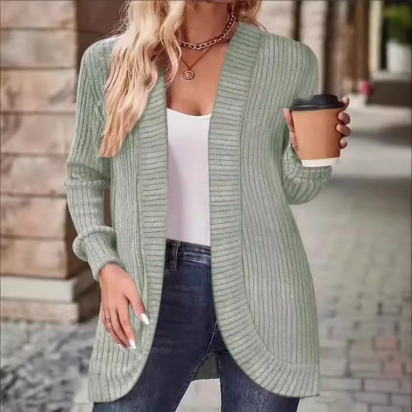 Damen Langer Offener Rippstrick-Cardigan mit abgerundetem Saum Shop Nory