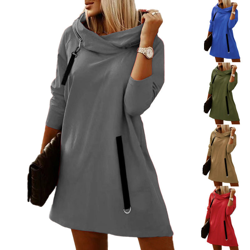 Damen modisches Sweatkleid mit großzügigem Kragen und Taschen