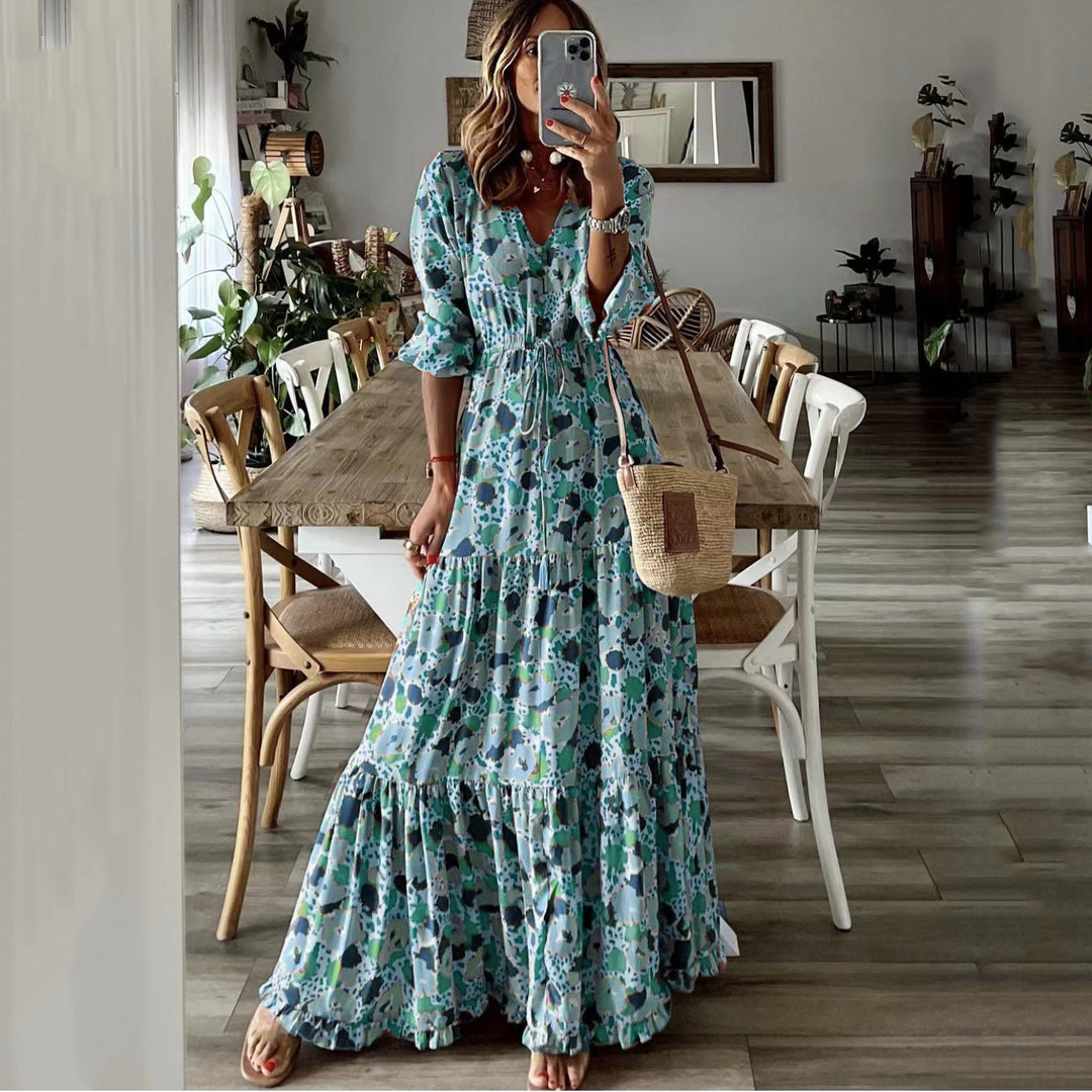 Damen Maxikleid mit Blumenprint, V‑Ausschnitt, Stufenvolant und Tunnelzugtaillen Shop Nory