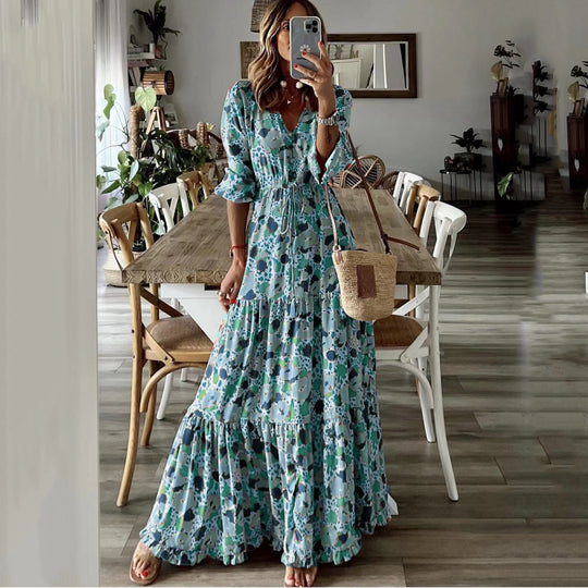 Damen Maxikleid mit Blumenprint, V‑Ausschnitt, Stufenvolant und Tunnelzugtaillen Shop Nory