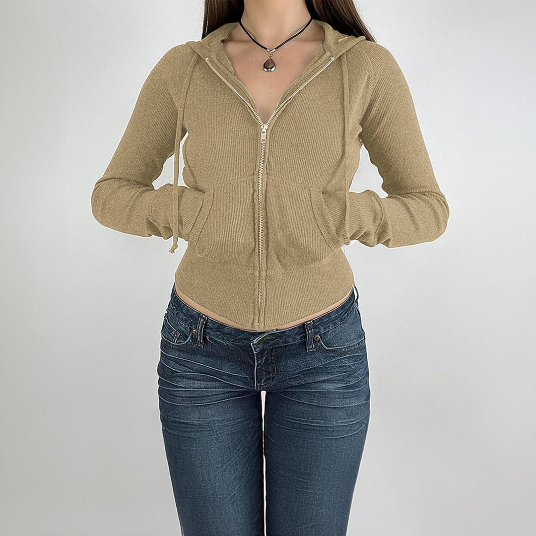 Damen nan schmal geschnittene Feinstrick-Hoodiejacke mit Metallzipper, Kängurutaschen und Daumenlochbündchen Shop Nory