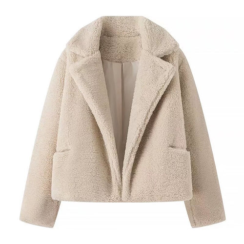 Damen Kurz geschnittene Teddy‑Boxyjacke mit Schalkragen und praktischen Eingrifftaschen Shop Nory