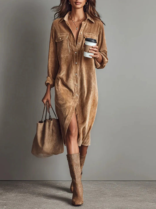 Damen Hemdblusenkleid aus Cord mit Brusttaschen, Knopfleiste und Schlitze Shop Nory