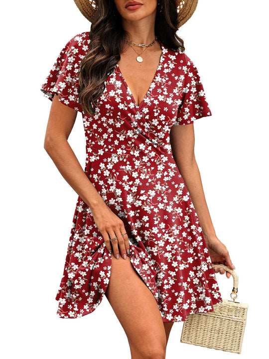 Damen Kurzärmeliges Wickelkleid mit floralen Mustern und V-Ausschnitt