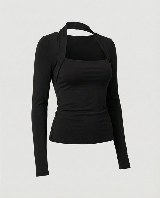 Enganliegendes Damen Langarmshirt Schwarz Herbst Slim Fit T-Shirt Oberteil