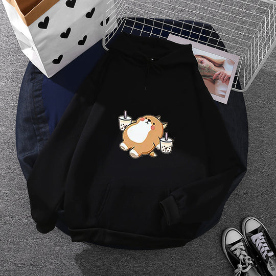 Damen nan niedlicher Kapuzenpullover mit Kängurutasche, oversized Schnitt und Bubble‑Tea Corgi-Print Shop Nory
