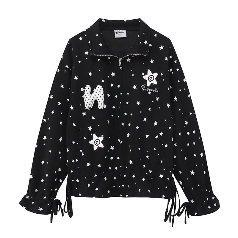 Damen leichte Stehkragen-Sweatjacke mit Sternen-Allover, Applikationen und Kordelzug Shop Nory