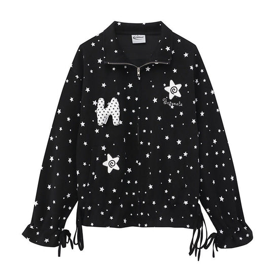 Damen leichte Stehkragen-Sweatjacke mit Sternen-Allover, Applikationen und Kordelzug Shop Nory