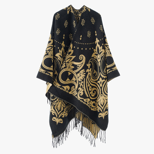 Damen Opulenter Jacquard‑Poncho im Kaftan‑Stil mit Fransen und Paisley‑Relief Shop Nory
