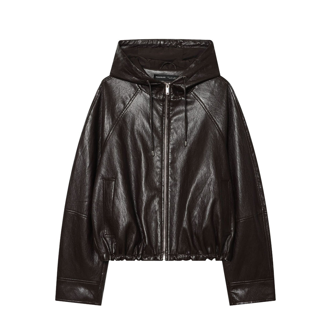 Damen Kurze Kapuzen-Lederoptik-Bomberjacke mit Tunnelzugsaum Shop Nory