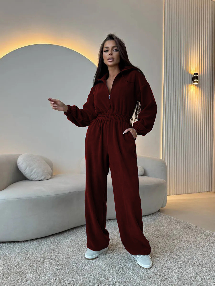 Damen eleganter Lounge-Overall mit elastischer Taillenpartie, Stehkragen, Reißverschluss und weitem Bein Shop Nory