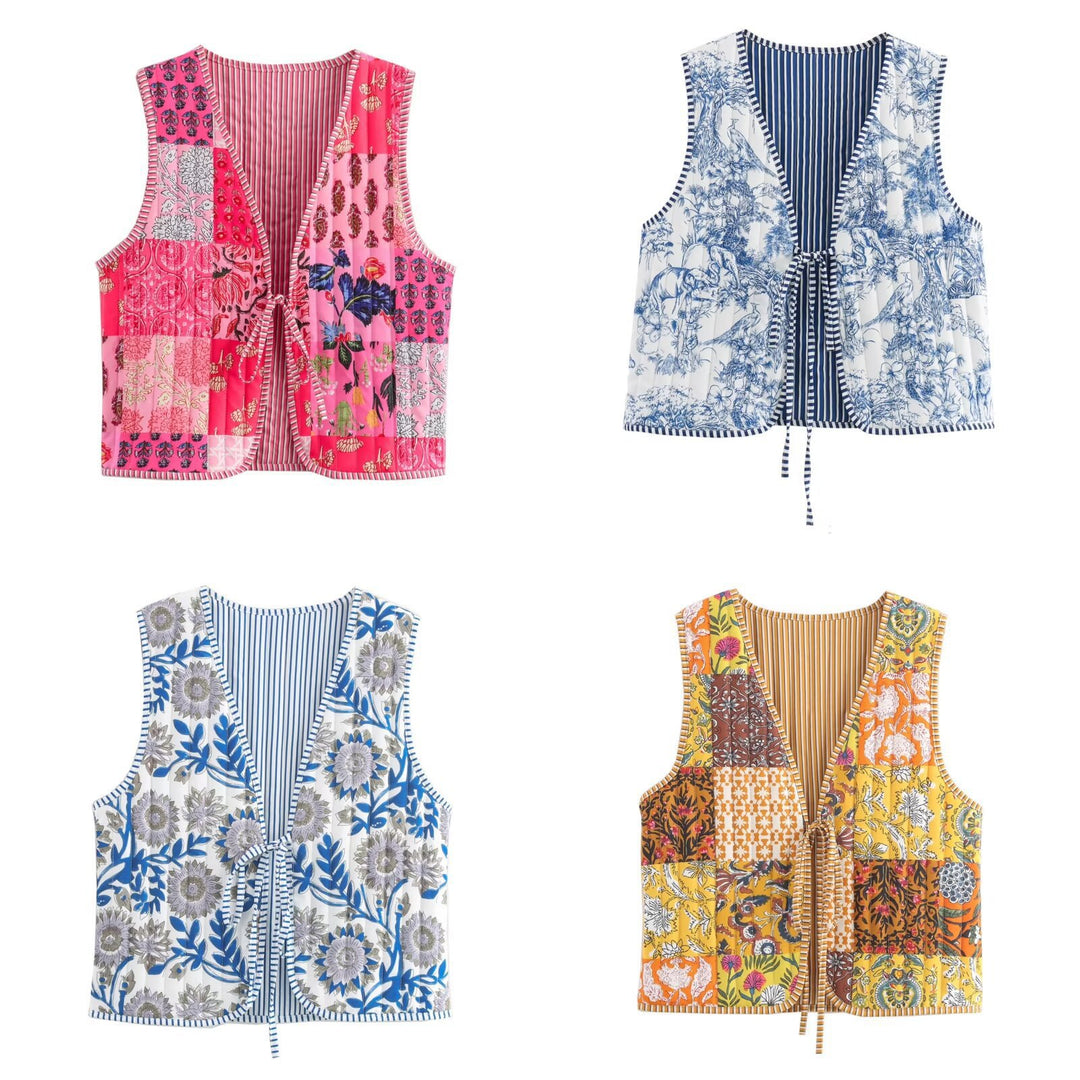 Damen Gesteppte Weste mit Toile‑Print, gestreifter Innenverarbeitung und Kordelbindung Shop Nory