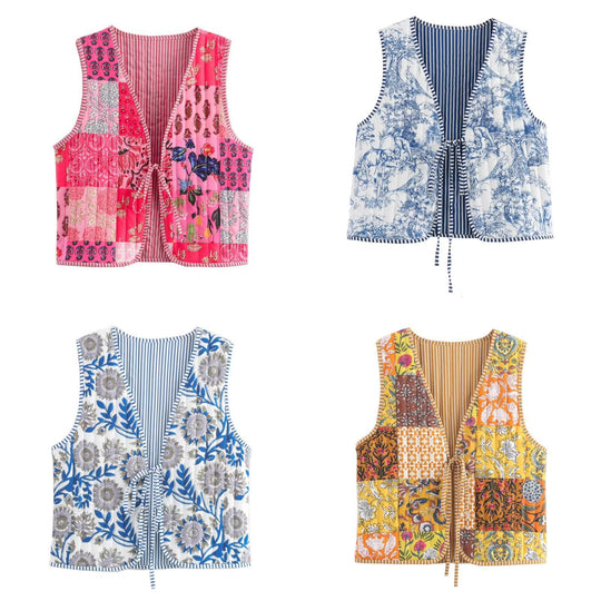 Damen Gesteppte Weste mit Toile‑Print, gestreifter Innenverarbeitung und Kordelbindung Shop Nory