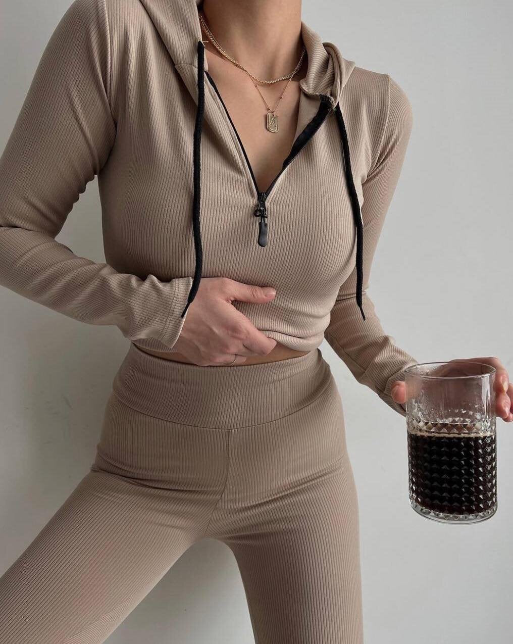 Damen geripptes Lounge-Set mit halbem Reißverschluss und hoher Taille Shop Nory