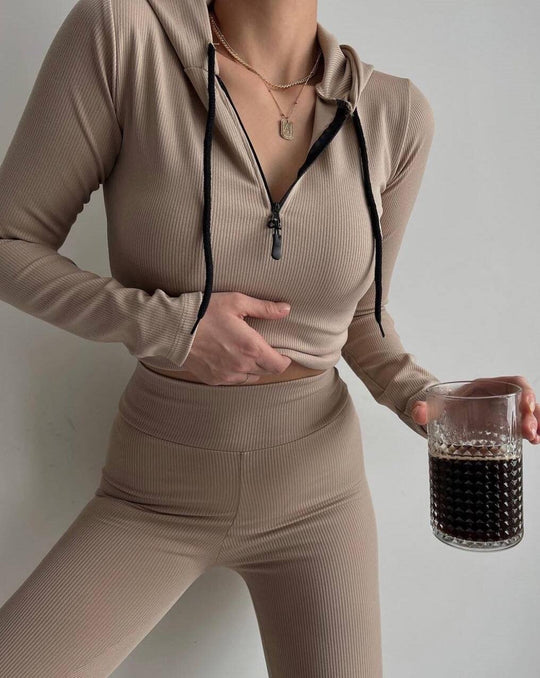 Damen geripptes Lounge-Set mit halbem Reißverschluss und hoher Taille Shop Nory