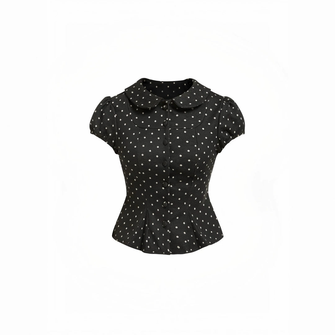 Damen Karo-Bluse mit Bubikragen, Taillierter Peplum-Silhouette und Puffärmeln Shop Nory
