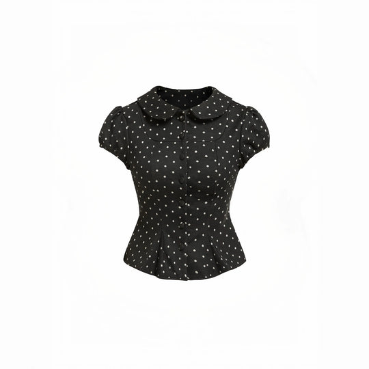 Damen Karo-Bluse mit Bubikragen, Taillierter Peplum-Silhouette und Puffärmeln Shop Nory