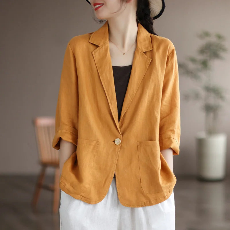 Damen Lässiger Leinenblazer mit breiten Ärmeln und Knopfverschluss