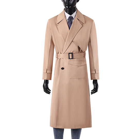 Herren Langmantel im Trenchcoat-Stil mit Sturmklappe, asymmetrischen Taschen und klassischem Revers Shop Nory