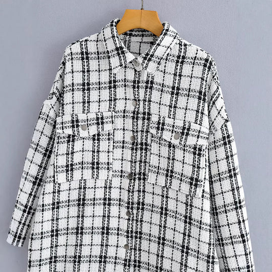 Damen Oversized Tweed-Hemdjacke mit Brusttaschen und fransigem Saum Shop Nory