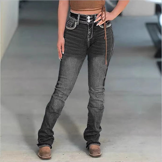 Damen Hochtaillierte Slim‑Straight Jeans mit V‑förmigem Bund und Superstretch-Denim Shop Nory