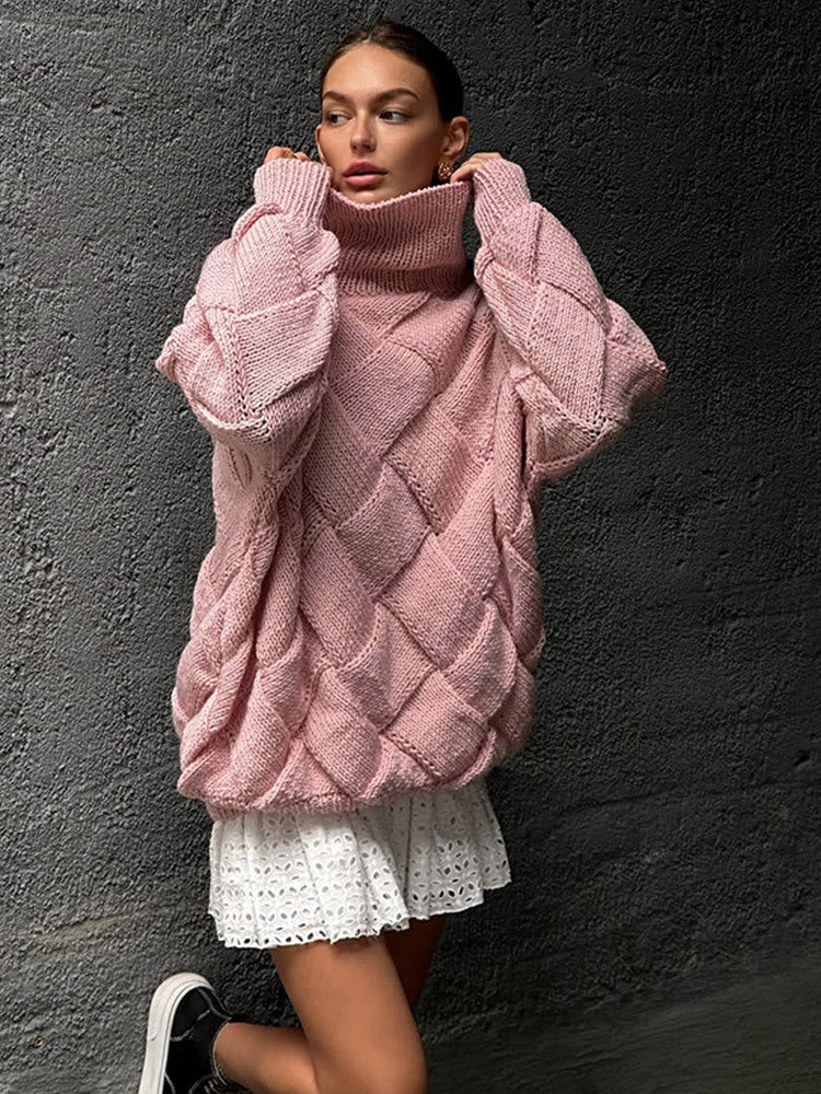 Damen Oversize Strickpullover mit Rollkragen, Zopfmuster und voluminösen Ballonärmeln Shop Nory